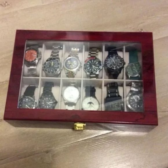 Cherry Watch Display Box, 12 Compartment Glass Top - Picture 7 of 9